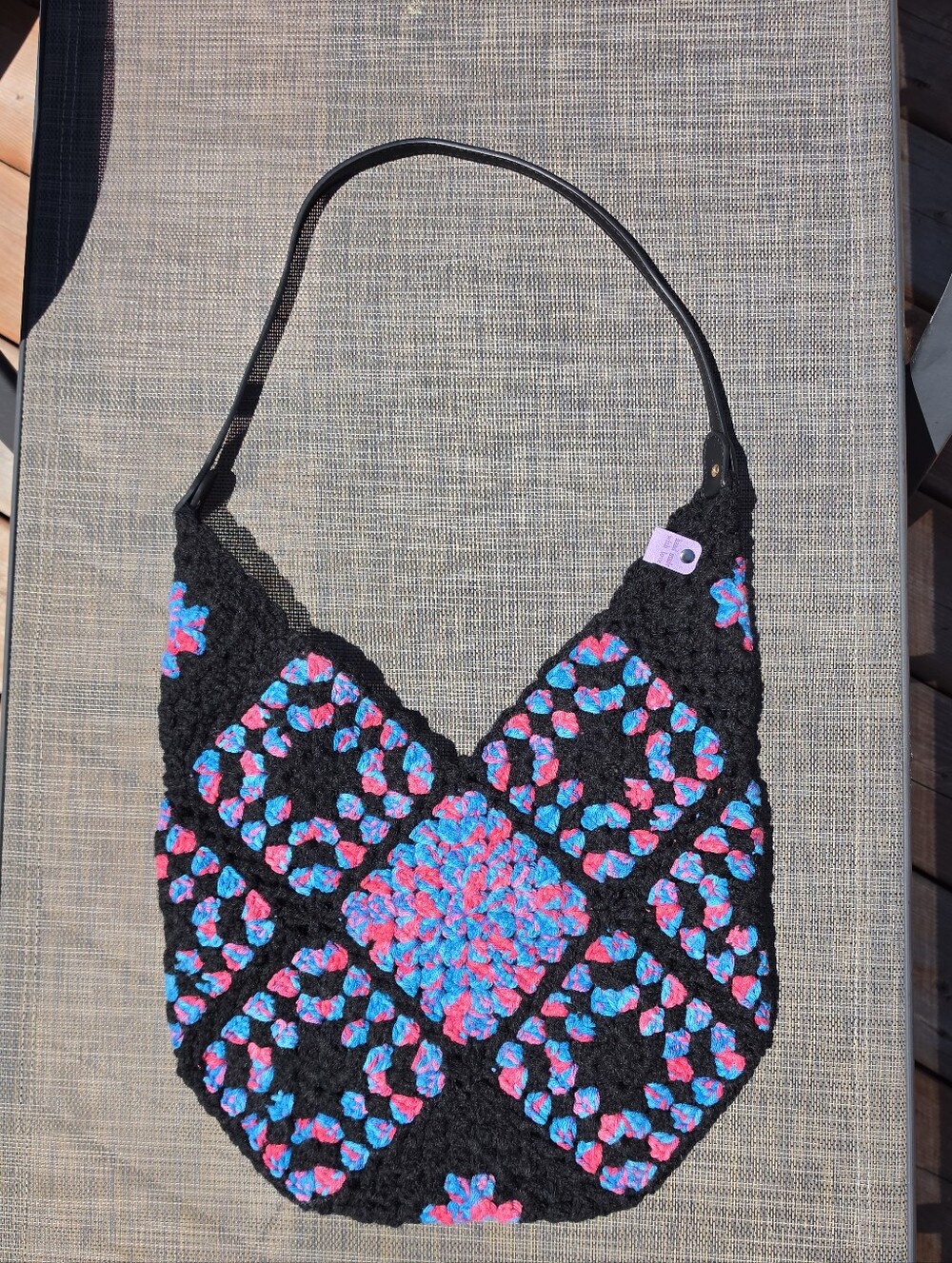NWT Handmade Pink Blue and Black Crochet "Granny Tote Shoulder Bag"